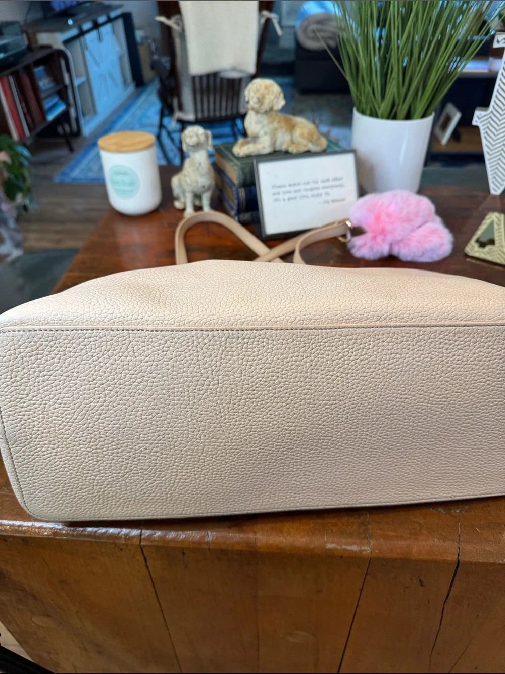 Tory Burch Pebbled Leather Tote with Pink Fur Charm